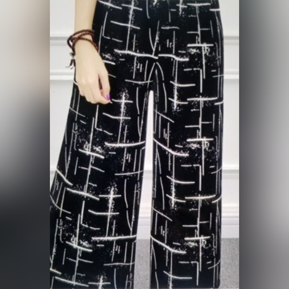 Bon Apple Tea silky black and white abstract pocket wide leg pants size 1XL